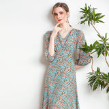 Womens Silk Floral Midi Dress V - Neck Sheer Sleeve Green Silk Dress