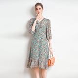 Womens Silk Floral Midi Dress V - Neck Sheer Sleeve Green Silk Dress