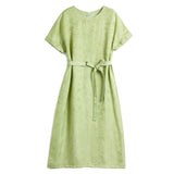 Womens Silk Jacquard Midi Dress Belted Waist Short Sleeve Green Silk Dress