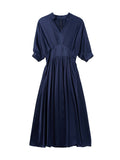 Womens Silk Midi Dress Draped V - Neck Cinched Waist Long Silk Dress Navy Blue XS