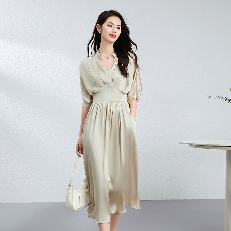 Womens Silk Midi Dress Draped V - Neck Cinched Waist Long Silk Dress