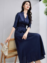 Womens Silk Midi Dress Draped V - Neck Cinched Waist Long Silk Dress Navy Blue XS