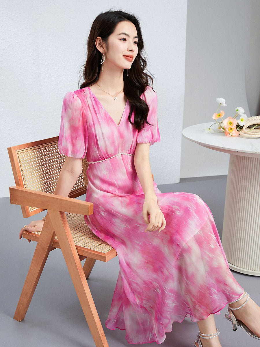 Womens Silk Midi Dress Puff Sleeves Long Silk Dress Watercolor Print Silk Dress Pink XS