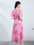 Womens Silk Midi Dress Puff Sleeves Long Silk Dress Watercolor Print Silk Dress Pink XS
