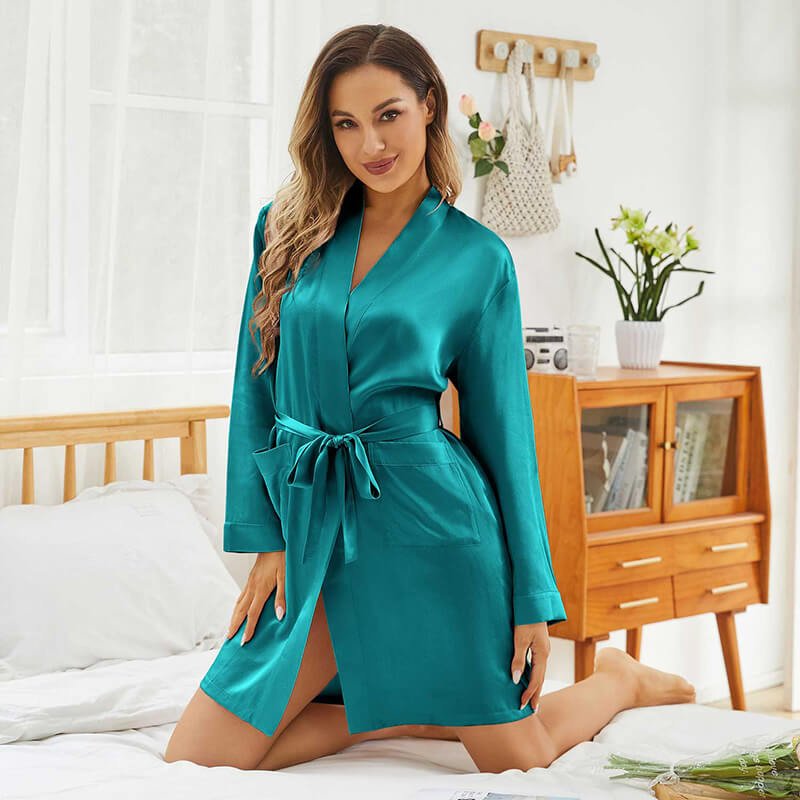 Womens Silk Robes 100% Mulberry Pure Silk Robe For Bridesmaids Dark Teal XS