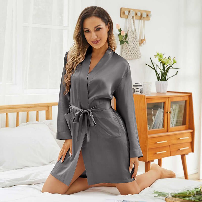 Womens Silk Robes 100% Mulberry Pure Silk Robe For Bridesmaids Dark Gray XS