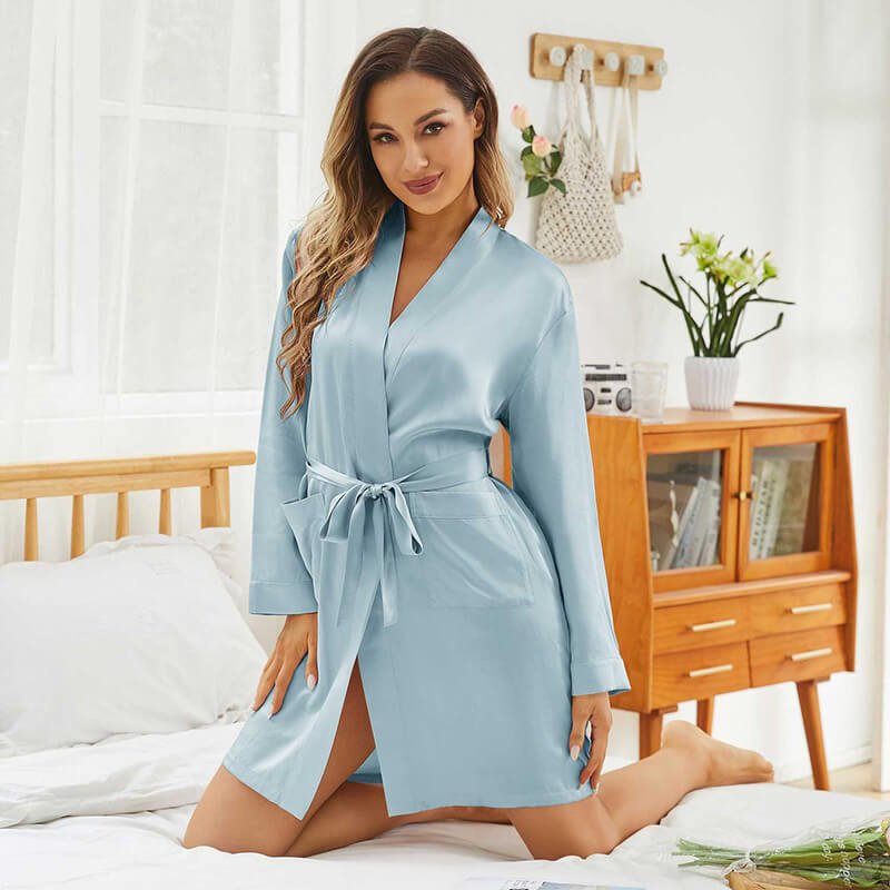 Womens Silk Robes 100% Mulberry Pure Silk Robe For Bridesmaids Haze Blue XS