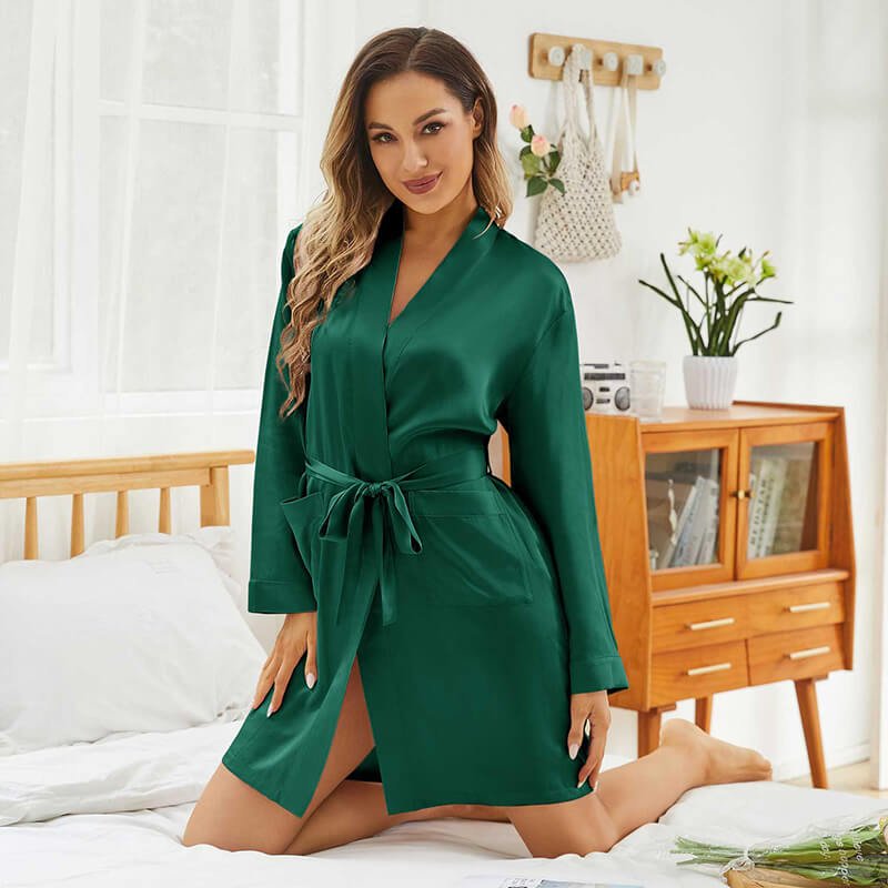 Womens Silk Robes 100% Mulberry Pure Silk Robe For Bridesmaids Green XS