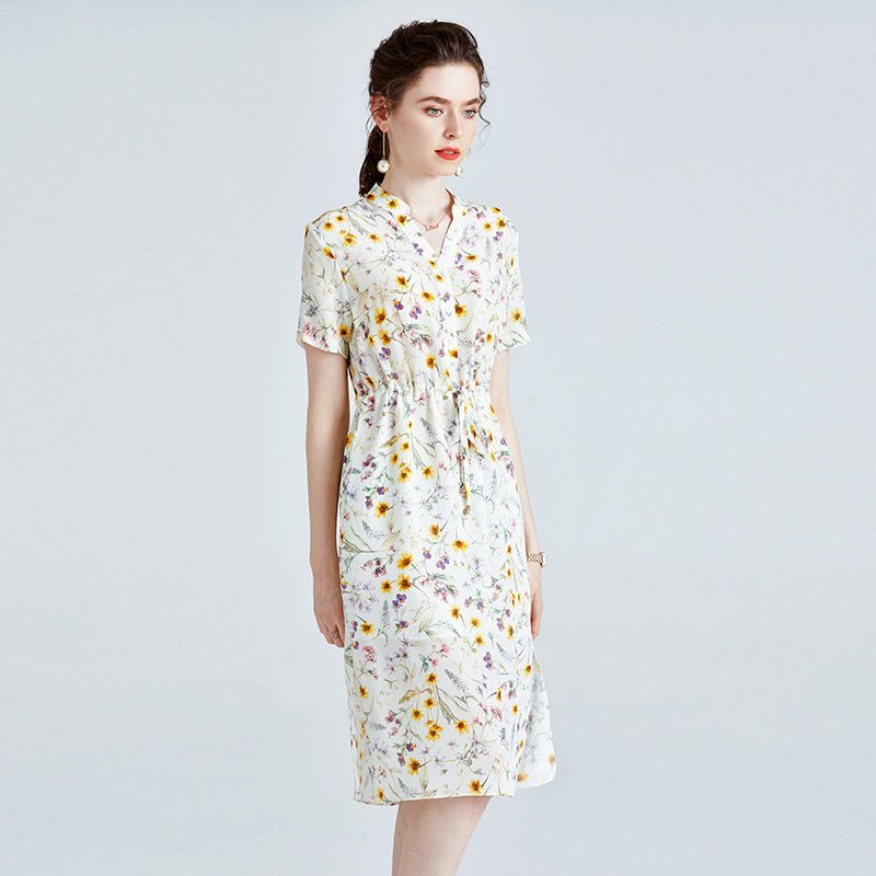 Womens Silk Shirt Dress with Button Front Drawstring Waist Floral Silk Dress