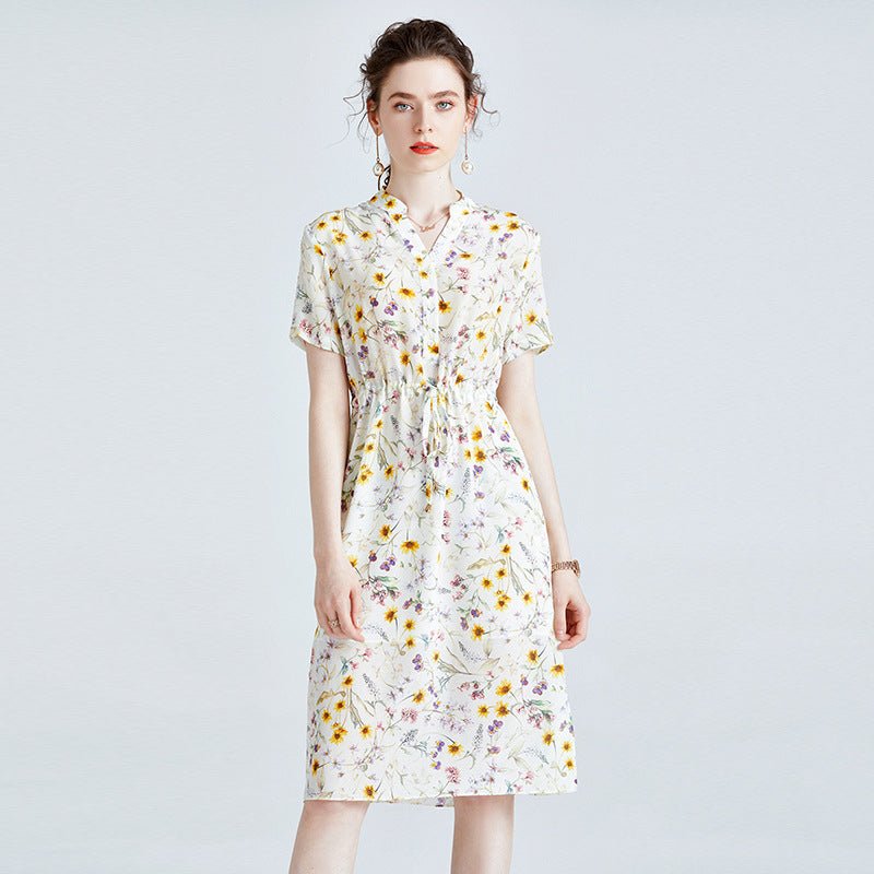 Womens Silk Shirt Dress with Button Front Drawstring Waist Floral Silk Dress