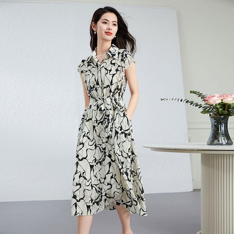 Womens Silk Shirt Midi Dress Abstract Print Waist Tie Silk Dress