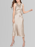 Womens Silk Sleeveless Dress Cowl Neck Silk Midi Dress Wedding Guest Dresses