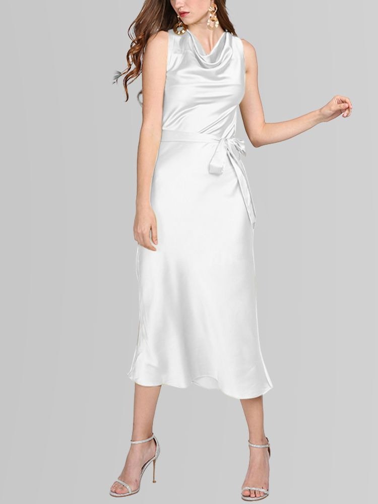 Womens Silk Sleeveless Dress Cowl Neck Silk Midi Dress Wedding Guest Dresses