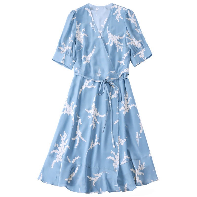 Womens Silk Wrap Mini Dress Puff Sleeve Floral Print Blue Silk Dress