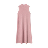 Womens Sleeveless Cashmere Dress Mock Neck Cashmere Knit Midi Dress Pink XS