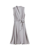 Womens Sleeveless Silk Midi Dress V Neck Silk Wrap Dress with Waist Tie Gray XS