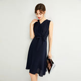 Womens Sleeveless Silk Wrap Midi Dress Flowing Hem Silk Dress