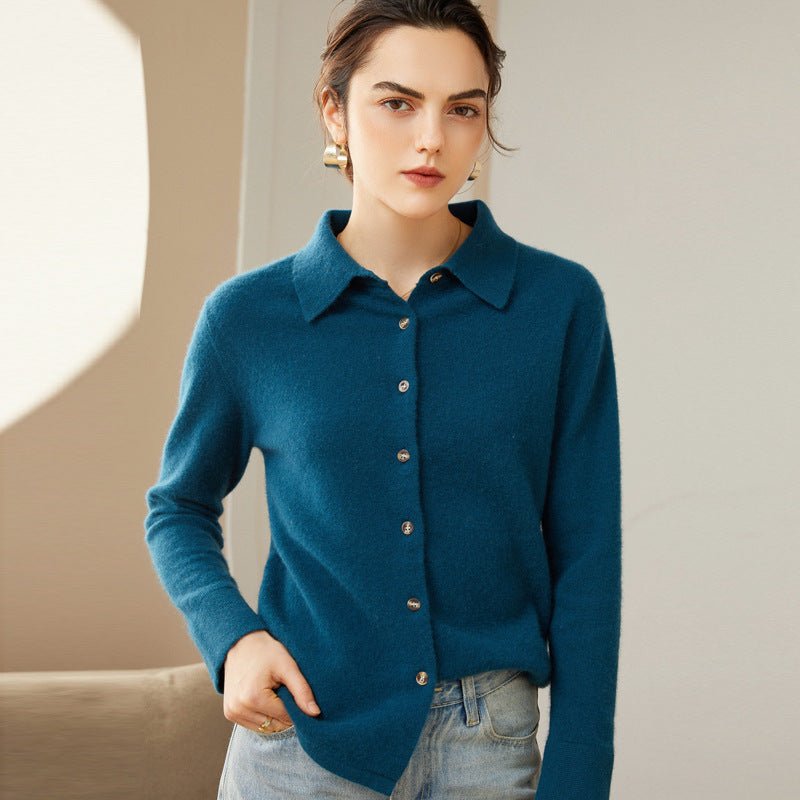 Womens Classic Button - Up Lapel Neck Cashmere Cardigan Ribbed Cuffs