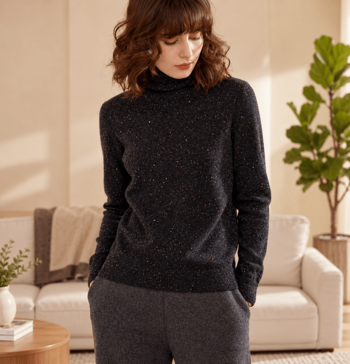 Womens Speckled Cashmere Sweater Long Sleeve Turtleneck Cashmere Pullover Gray XS