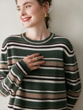 Womens Striped Cashmere Sweater Crew Neck Cashmere Pullover Green XS
