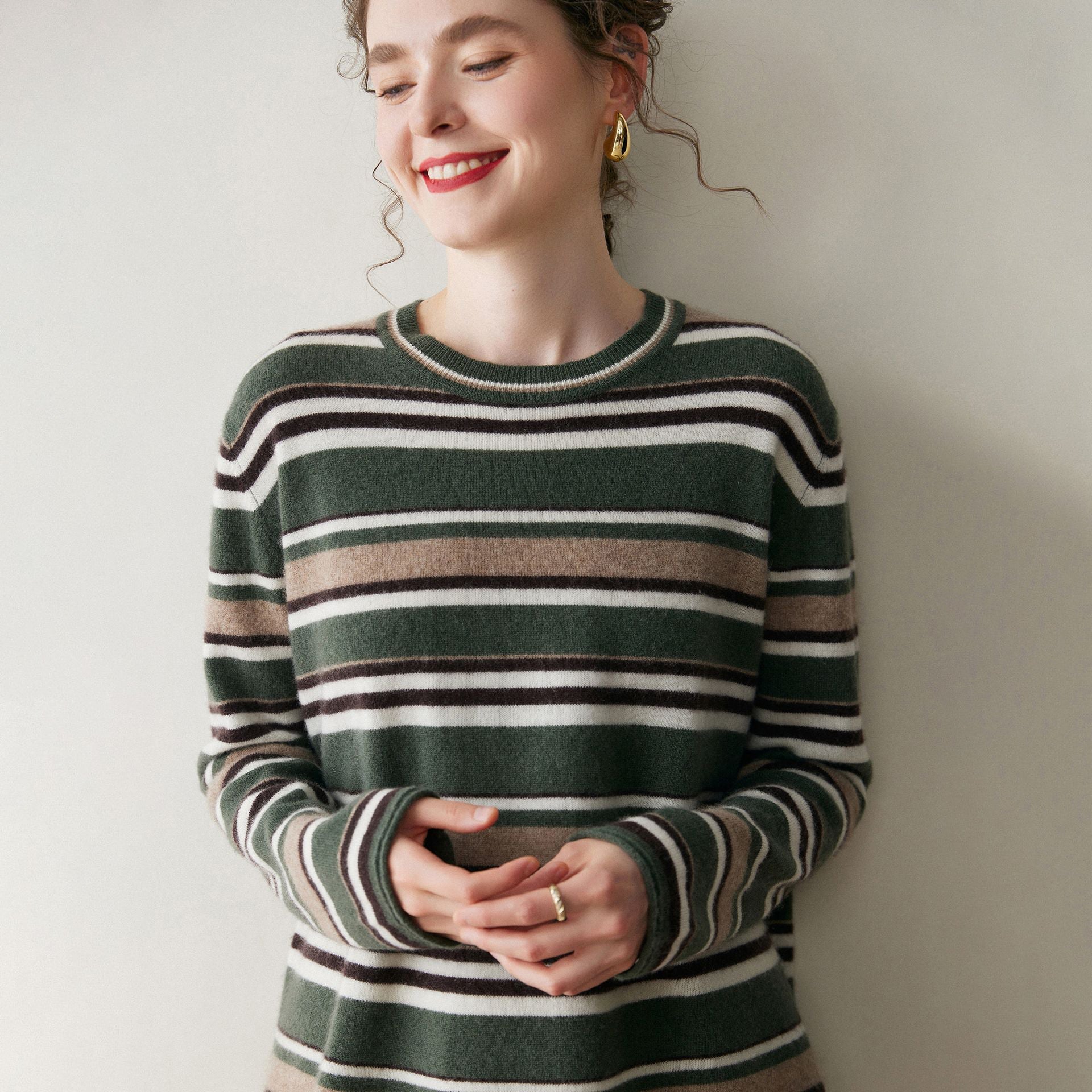 Womens Striped Cashmere Sweater Crew Neck Cashmere Pullover Green XS
