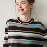 Womens Striped Cashmere Sweater Crew Neck Cashmere Pullover Coffee XS