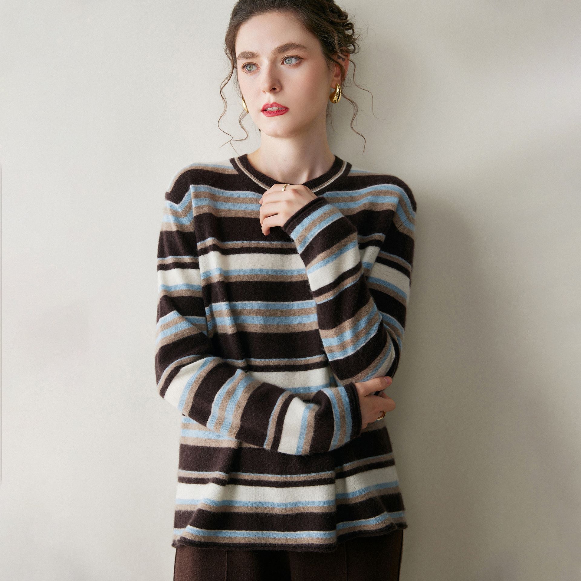 Womens Striped Cashmere Sweater Crew Neck Cashmere Pullover Coffee XS