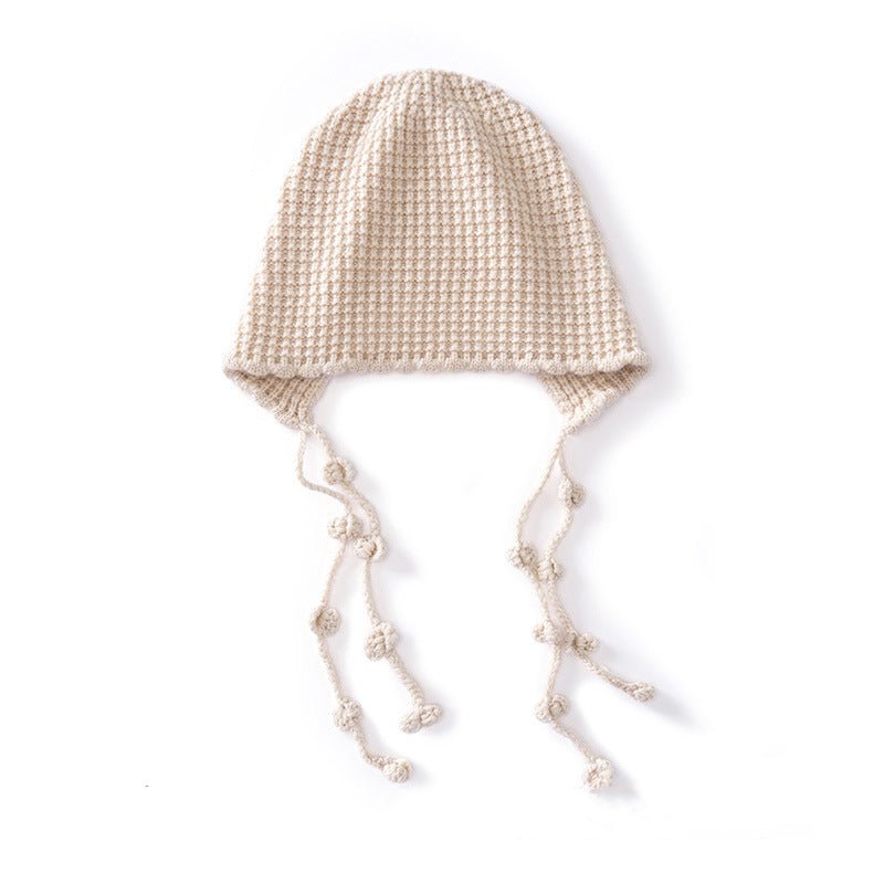 Womens Tassel Tie Cashmere Knit Hat Cashmere Beanie Dangling Ties