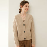 Womens Textured Cashmere Sweater V Neck Cashmere Button Cardigan Camel XS