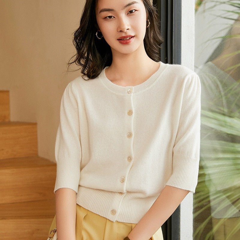 Womens Crew Neck Button - up Front Cashmere Cardigan With Half Sleeve