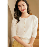 Womens Crew Neck Button - up Front Cashmere Cardigan With Half Sleeve