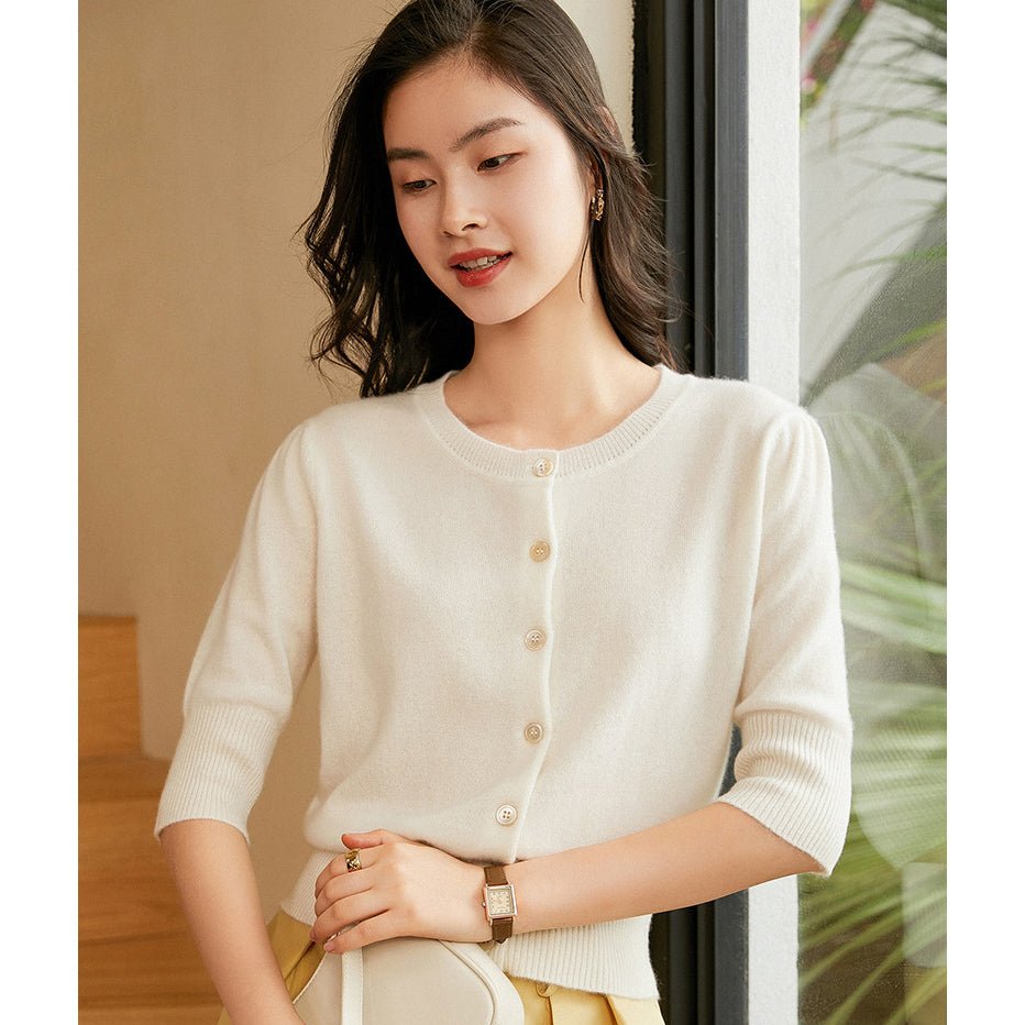 Womens Crew Neck Button - up Front Cashmere Cardigan With Half Sleeve