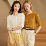 Womens Crew Neck Button - up Front Cashmere Cardigan With Half Sleeve