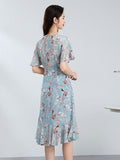 Womens Tie Neck Silk Floral Dress Silk Midi Dress with Flutter Sleeves