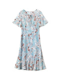 Womens Tie Neck Silk Floral Dress Silk Midi Dress with Flutter Sleeves