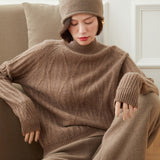 Womens Diamond Knit Turtleneck Long Sleeve Cashmere Sweater