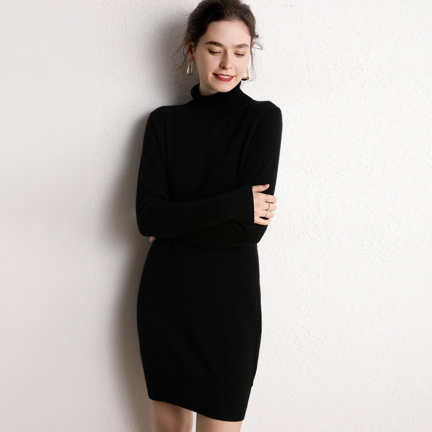 Womens Turtleneck Cashmere Dress Long Sleeve Knit Mini Sweater Dress Black XS