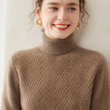 Womens Turtleneck Cashmere Sweater Chevron Knit Cashmere Pullover Taupe XS