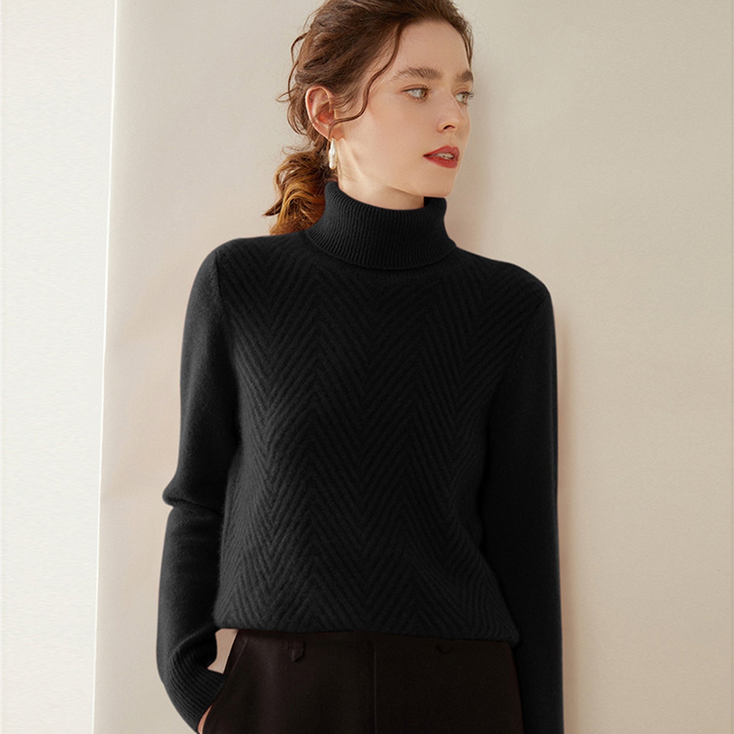 Womens Turtleneck Cashmere Sweater Chevron Knit Cashmere Pullover Black XS