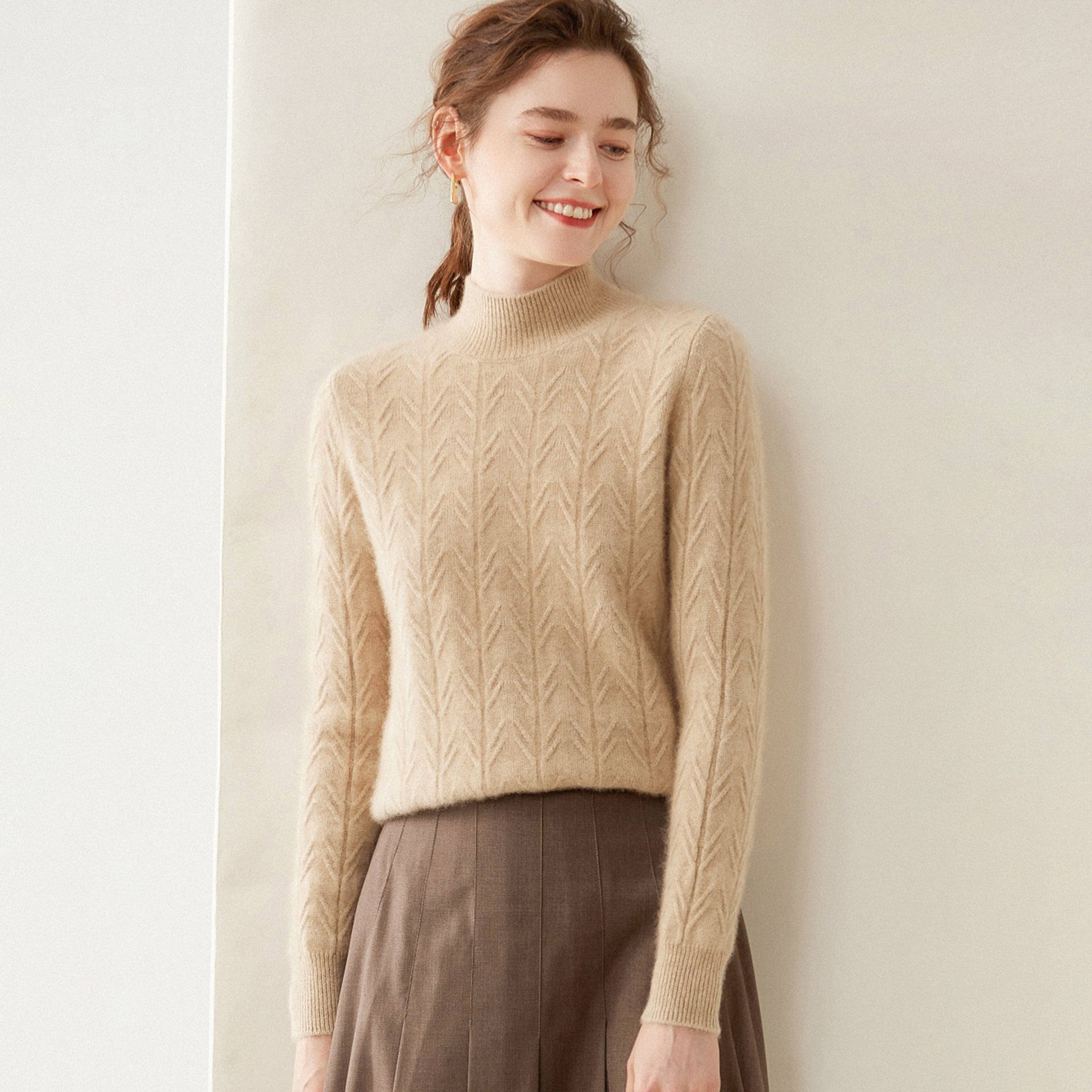 Womens Turtleneck Cashmere Sweater Textured Cashmere Knit Pullover Multi Colors Camel XS
