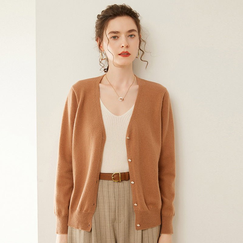 Womens V-Neck Cashmere Cardigan Button Front Cashmere Sweater Camel XS