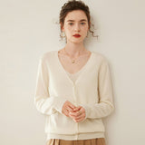 Womens V-Neck Cashmere Cardigan Button Front Cashmere Sweater Ivory XS