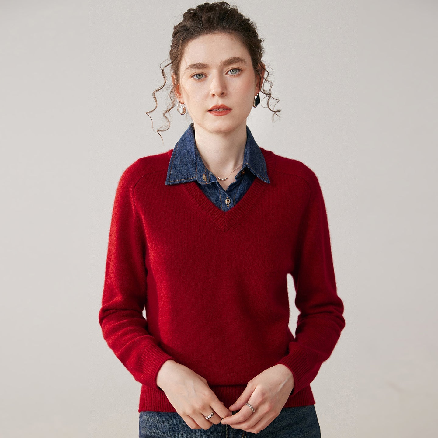 Womens V Neck Cashmere Sweater Long Sleeve Cashmere Knit Pullover Claret XS