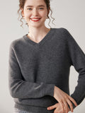 Womens V Neck Cashmere Sweater Long Sleeve Cashmere Knit Pullover Black XS