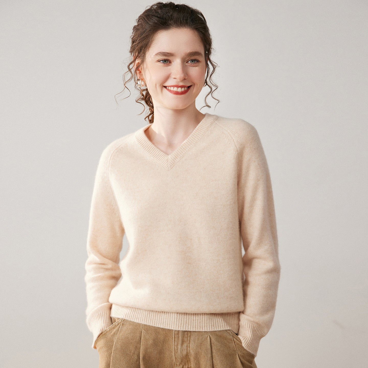 Womens V Neck Cashmere Sweater Long Sleeve Cashmere Knit Pullover Beige XS