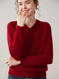 Womens V Neck Cashmere Sweater Long Sleeve Cashmere Knit Pullover Claret XS