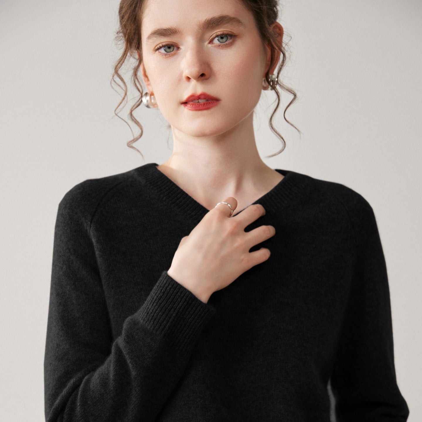 Womens V Neck Cashmere Sweater Long Sleeve Cashmere Knit Pullover Black XS