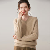 Womens V Neck Cashmere Sweater Long Sleeve Cashmere Knit Pullover Camel XS