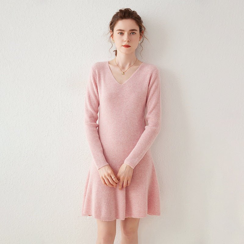 Womens V Neck Ribbed Cashmere Sweater Dress A Line Cashmere Knit Dress