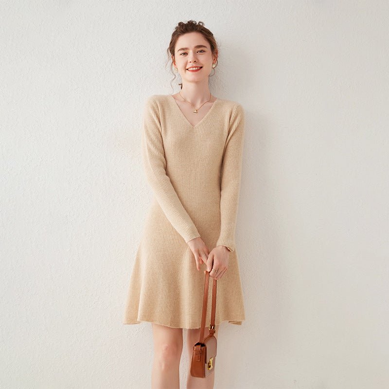 Womens V Neck Ribbed Cashmere Sweater Dress A Line Cashmere Knit Dress